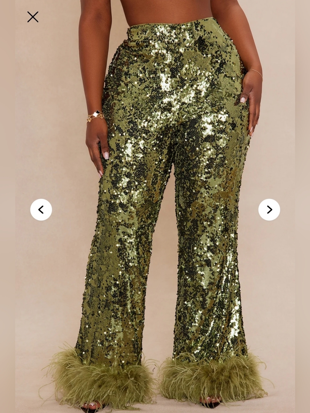 Fashion Nova Womens Luxe Olive Green Sequin Feather Hem Pants